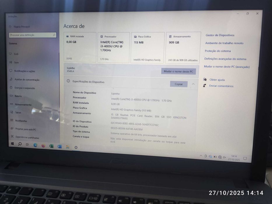 Portatil Asus A540 L com disco SSD de 960 Gb