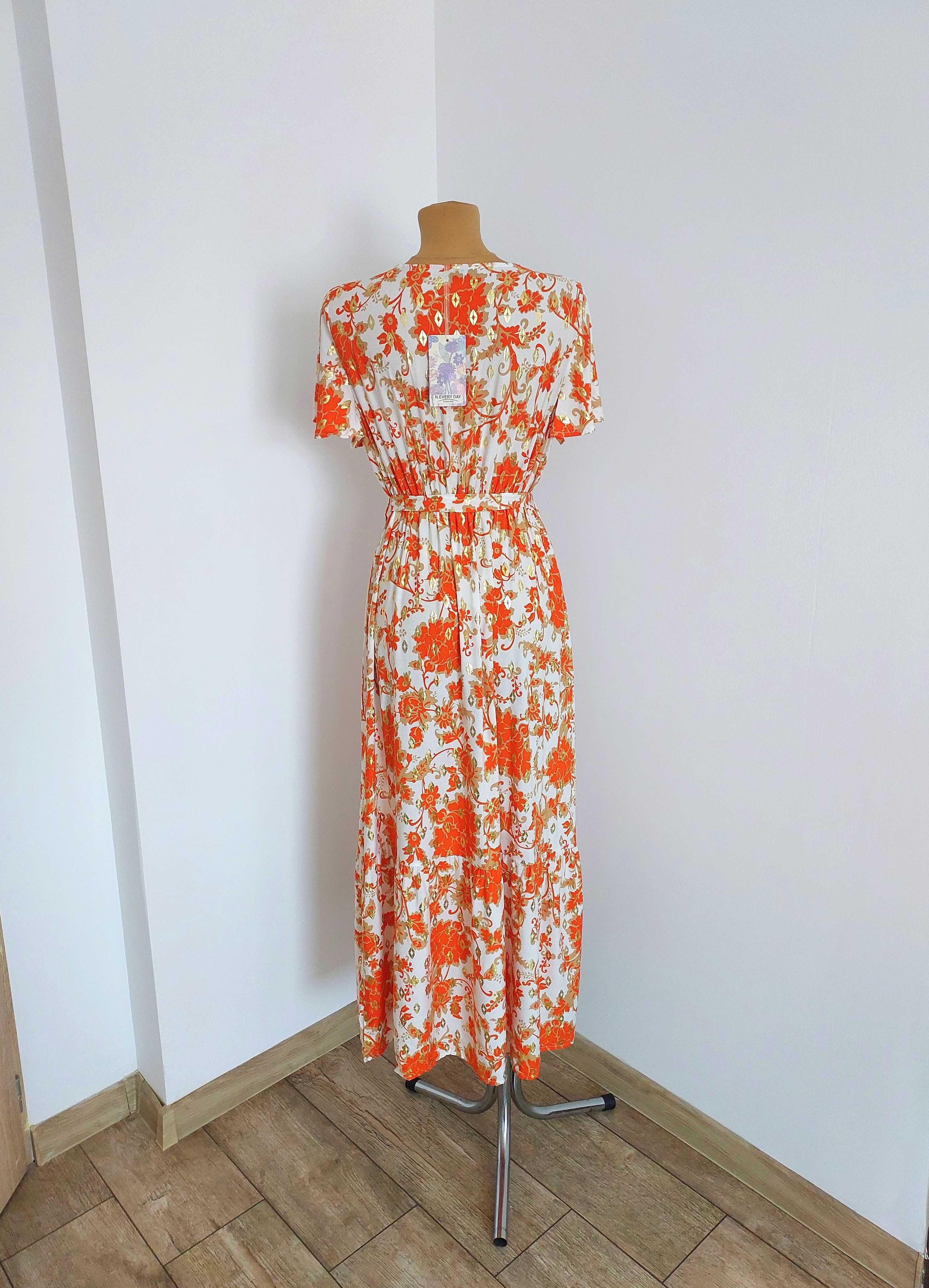 Nowa maxi sukienka z paskiem w pomarańczowe i złote wzory xl/xxl