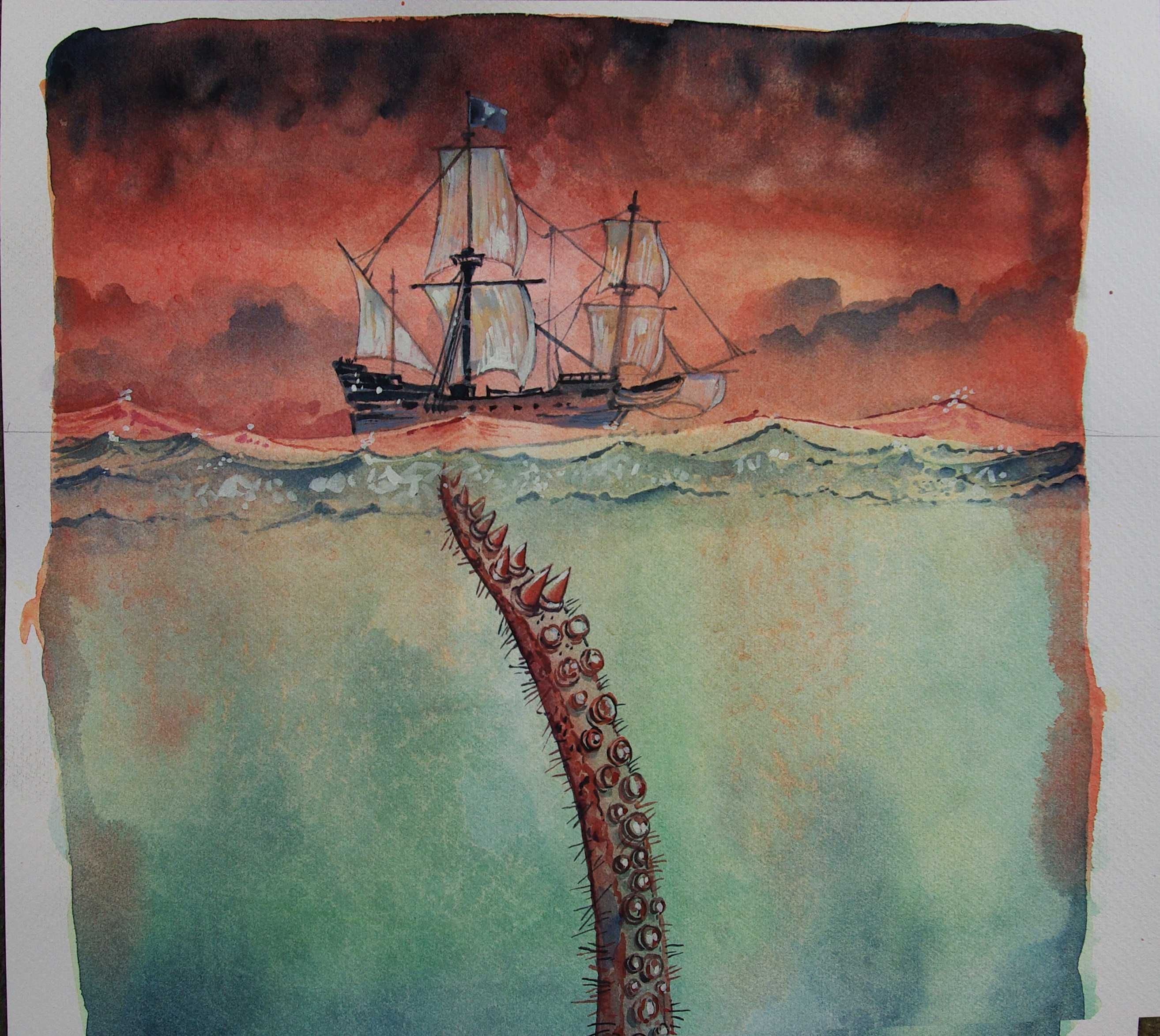 Aguarela original de Carlos Marques - Kraken - Barcos e Marinheiros