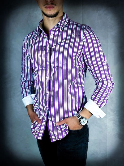 «Tommy Hilfiger» Męska Koszula Fioletowa Biała w Paski / S
