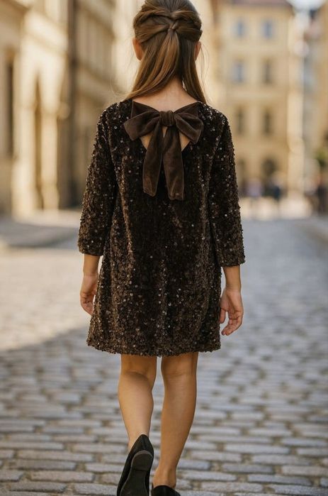 Nowa cekinowa sukienka brązowa z kokardą 146/152