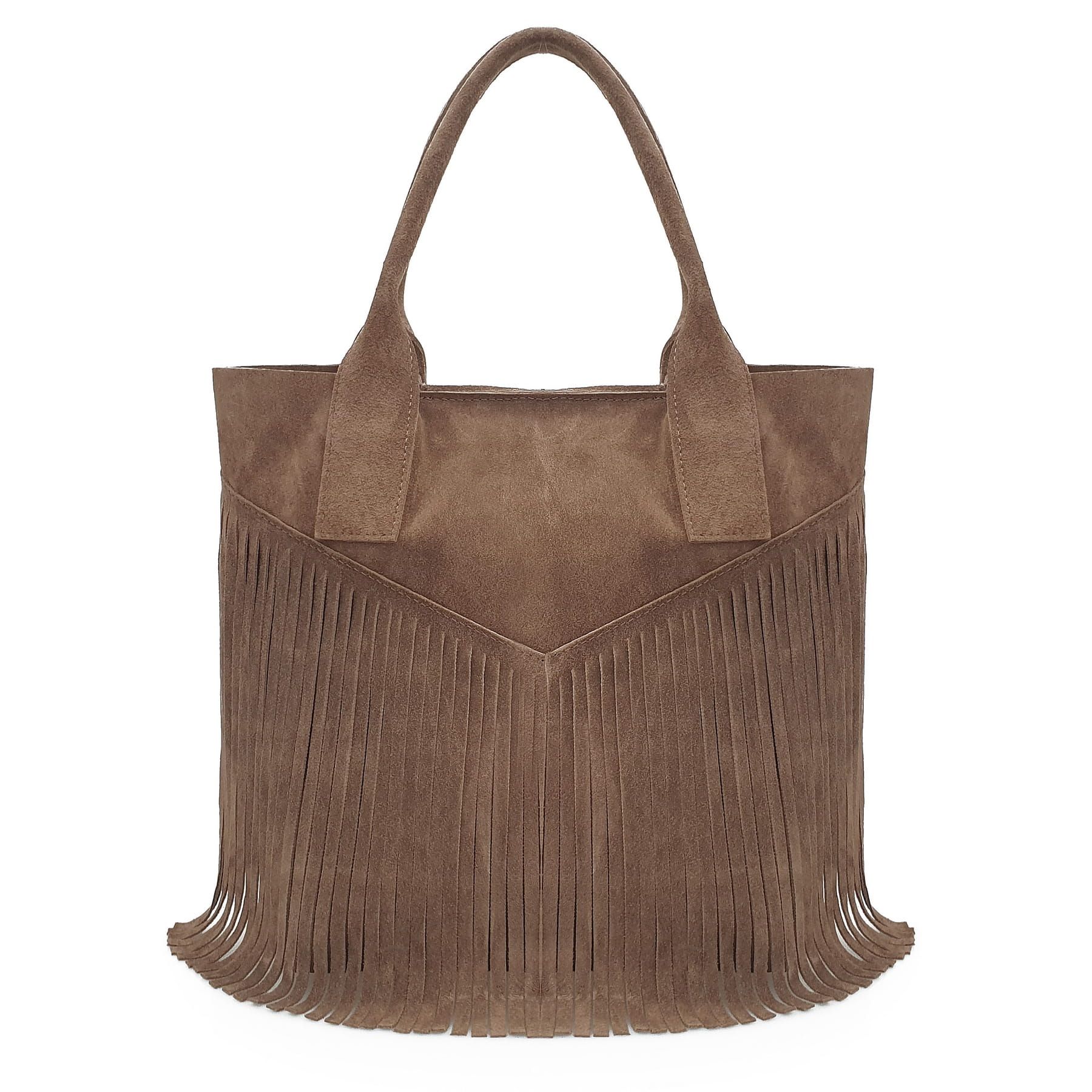 VERA PELLE torebka zamszowa shopper boho z frędzlami V007 taupe