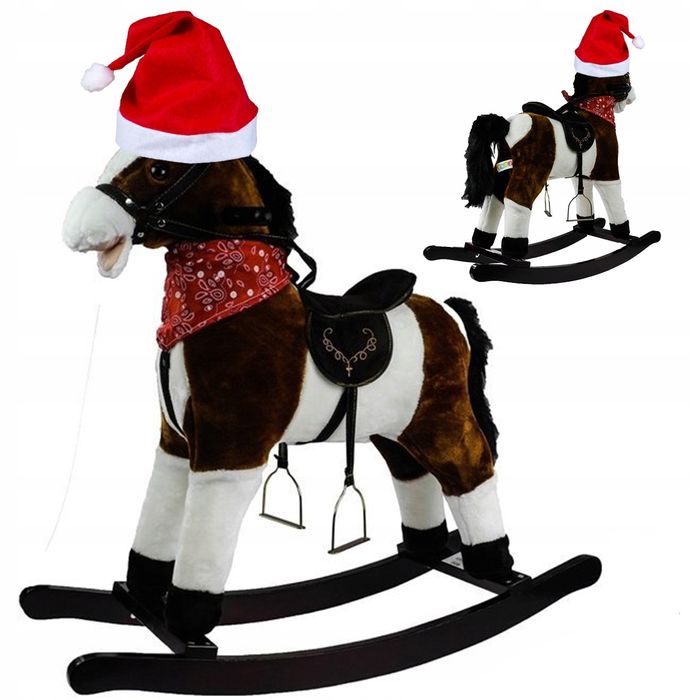 Koń na biegunach 74 cm duży bujany z dźwiękiem ciemny brąz + czapka