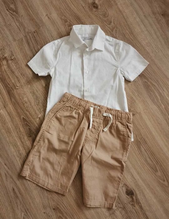 Elegancki zestaw HM Reserved 134 koszula biała szorty beżowe