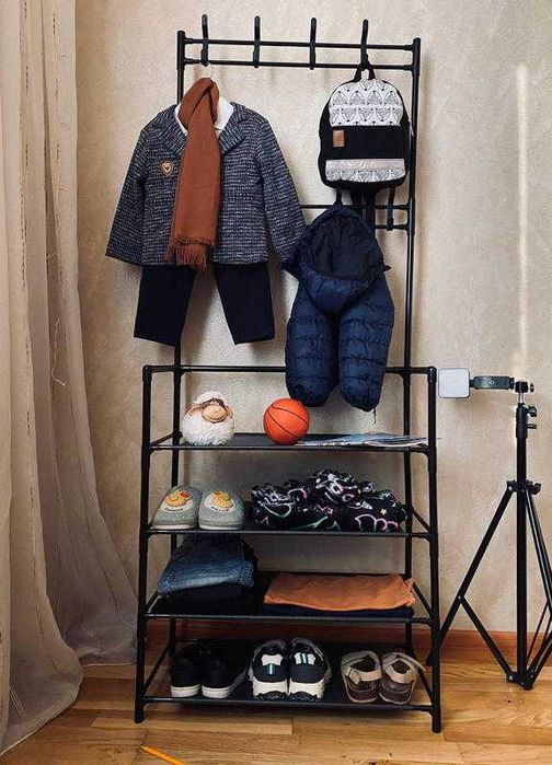 вішалка для одягу з поличками для взуття та гачками. Вешалка с полками