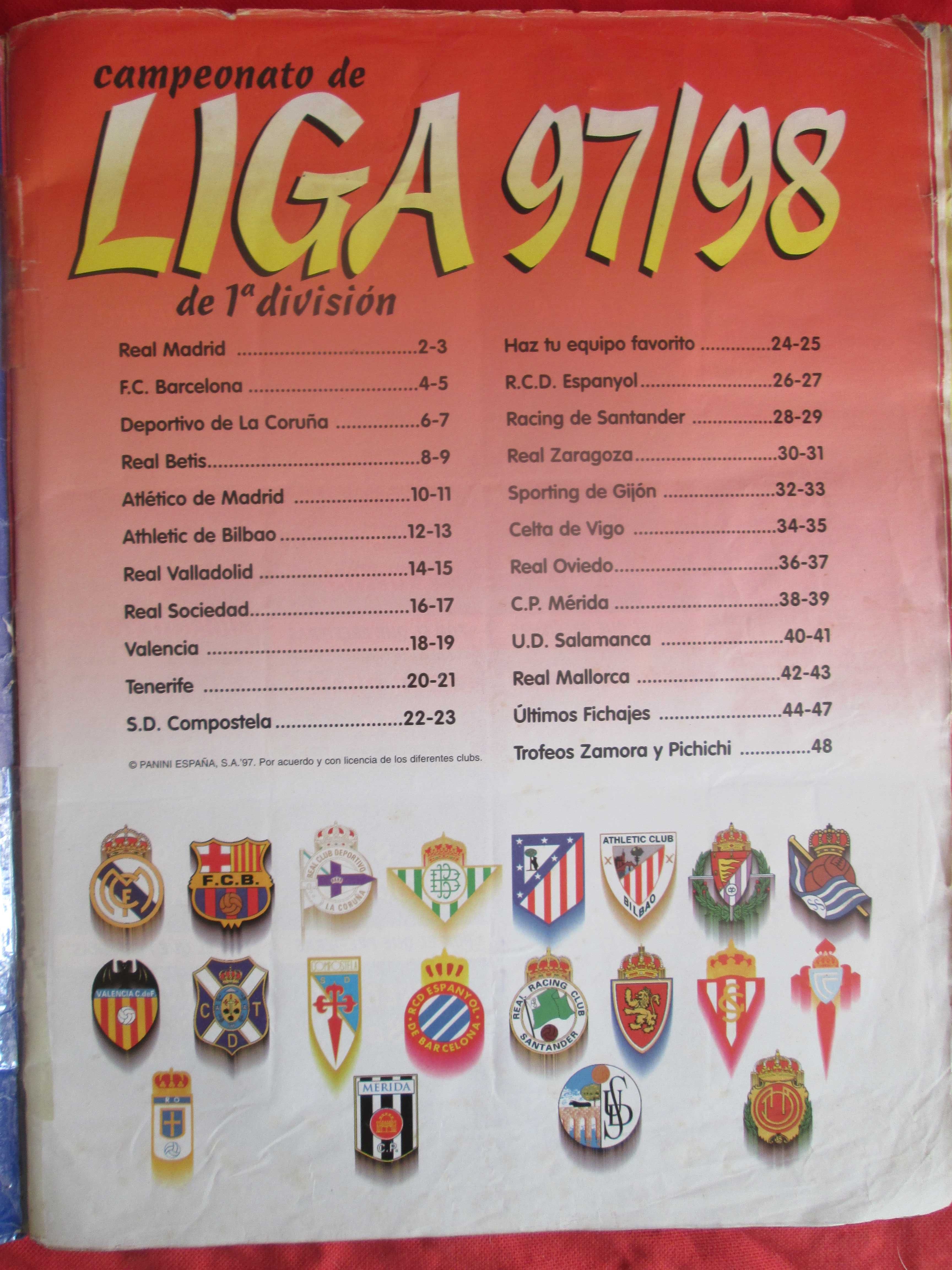 Caderneta de cromos completa Panini La Liga 97/98