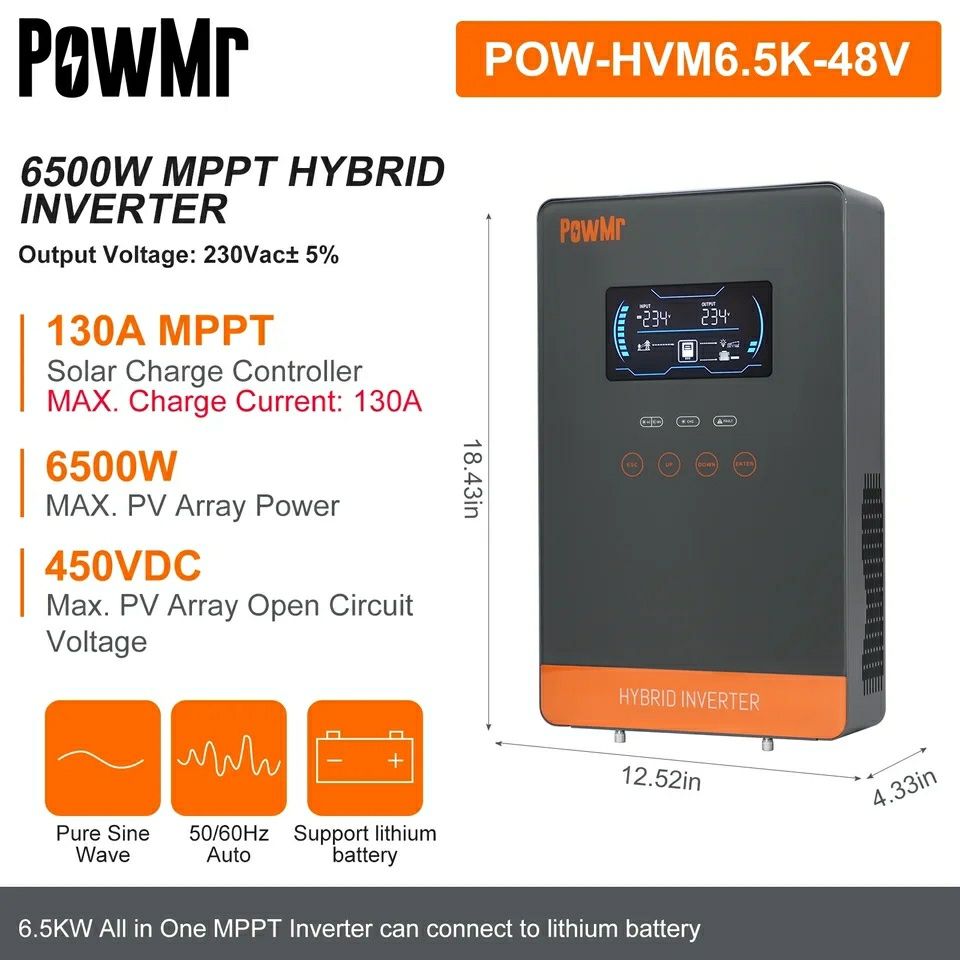 6500Bт Гібридний сонячний інвертор PowMr 6.5кВт 48V