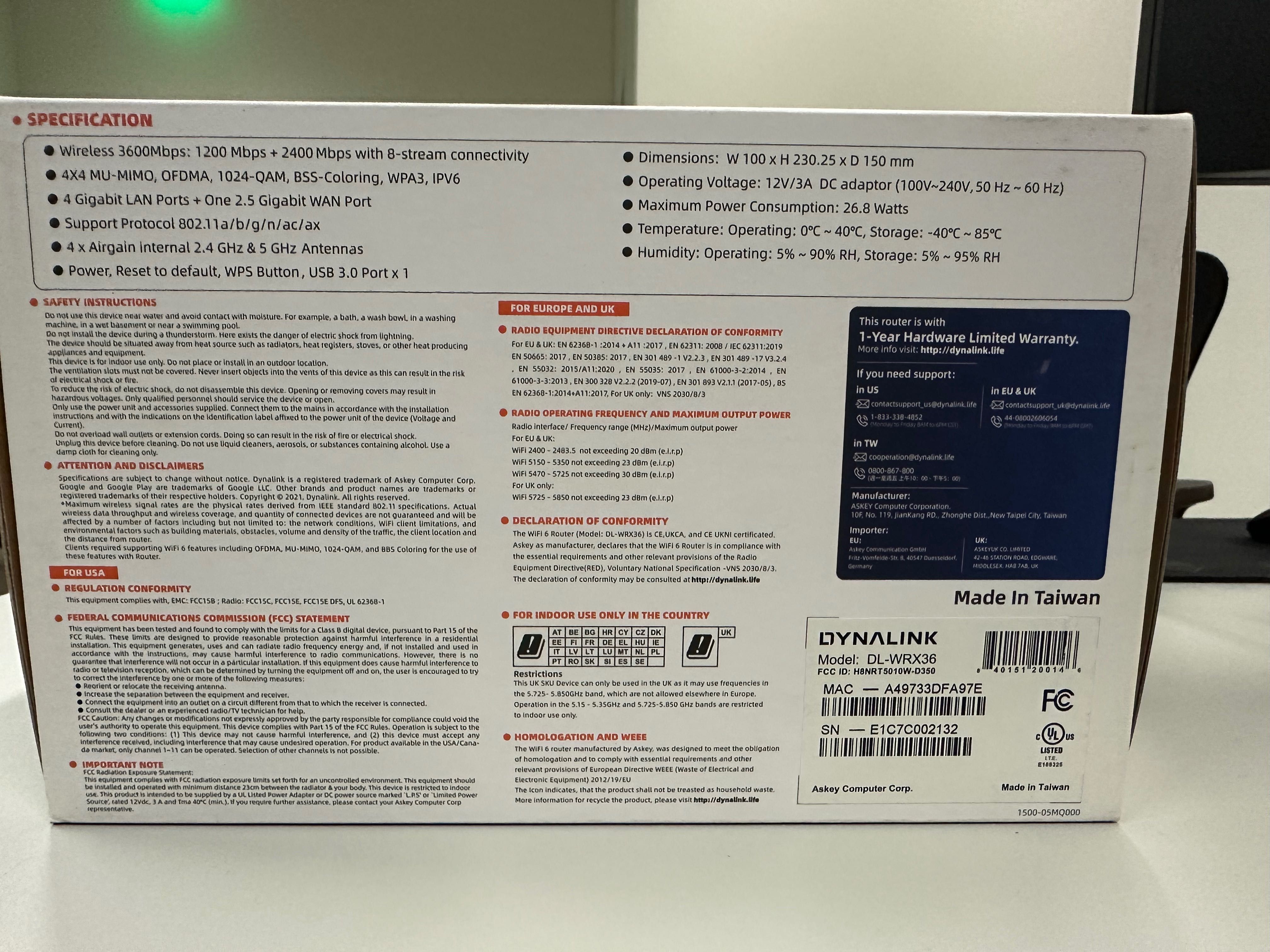 Router WiFi 6 Dynalink AX3600 (DL-WRX36), porta 2.5Gbps + portas 1Gbps