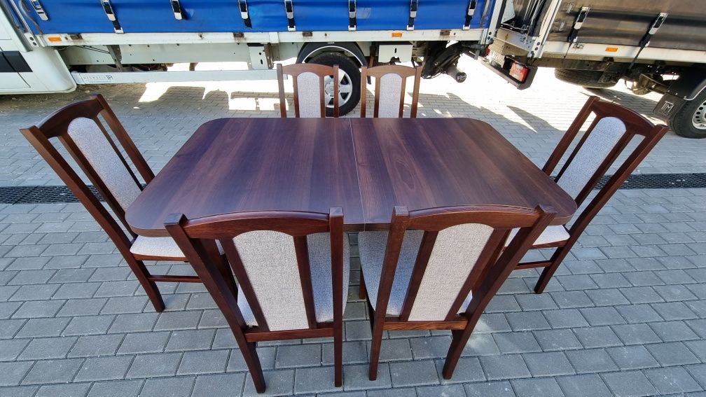 Nowe: Stół 80x140/180 + 6 krzeseł, orzech + kawa z mlekiem, dostawa PL
