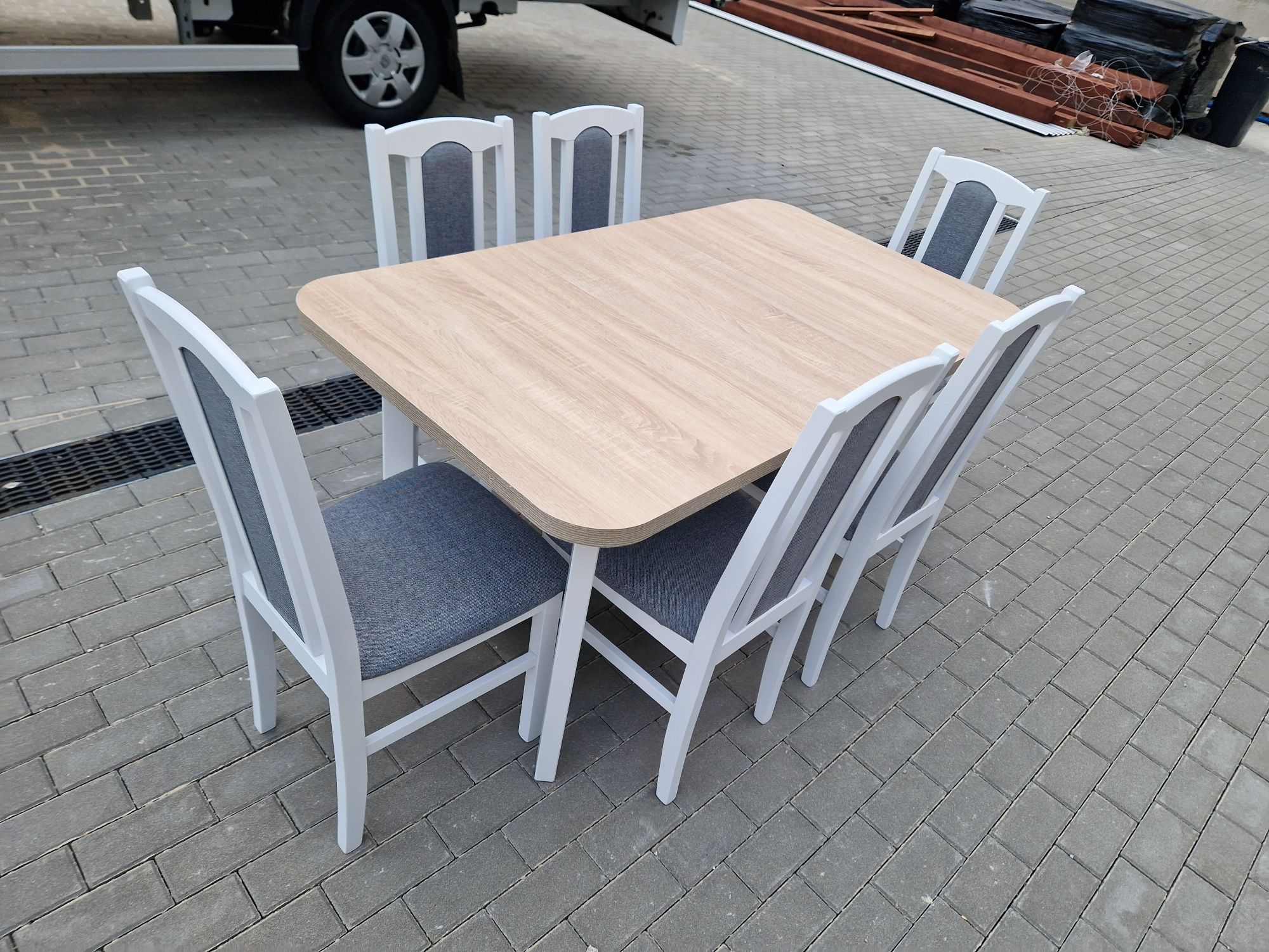 Nowe: Stół 80x140/180 + 6 krzeseł, biały/sonoma + szary, dostawa PL