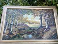 Stary olejny obraz Las olejny na desce