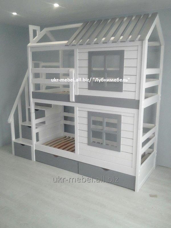 Кровать двухъярусная деревянная Дом9, двоярусне (двоповерхове) ліжко
