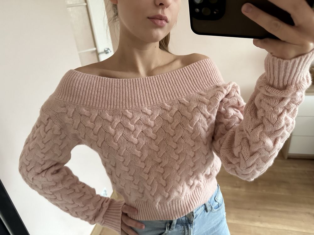 Off shoulder z wełną sweter z odkrytymi ramionami