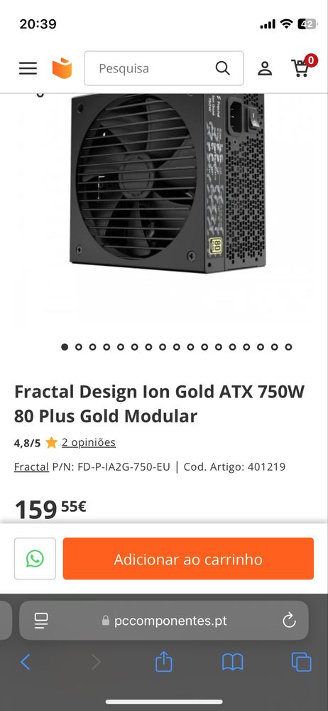 Fonte de alimentação FRACTAL design ion gold 750w fully modular