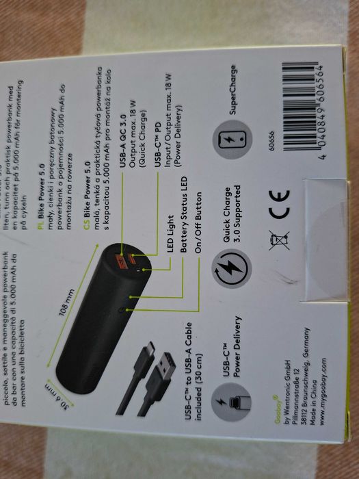 Powerbank Goobay 5000 mAh na rower LED QC PD USB-C