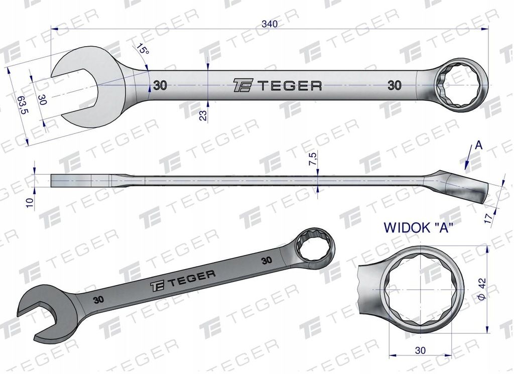 Teger Klucz Solidny Płasko-Oczkowy Mocny 30mm