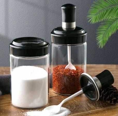SZKLANY POJEMNIK na Przyprawy Cukier Sól SŁOIK 225 ml. z ŁYŻECZKĄ