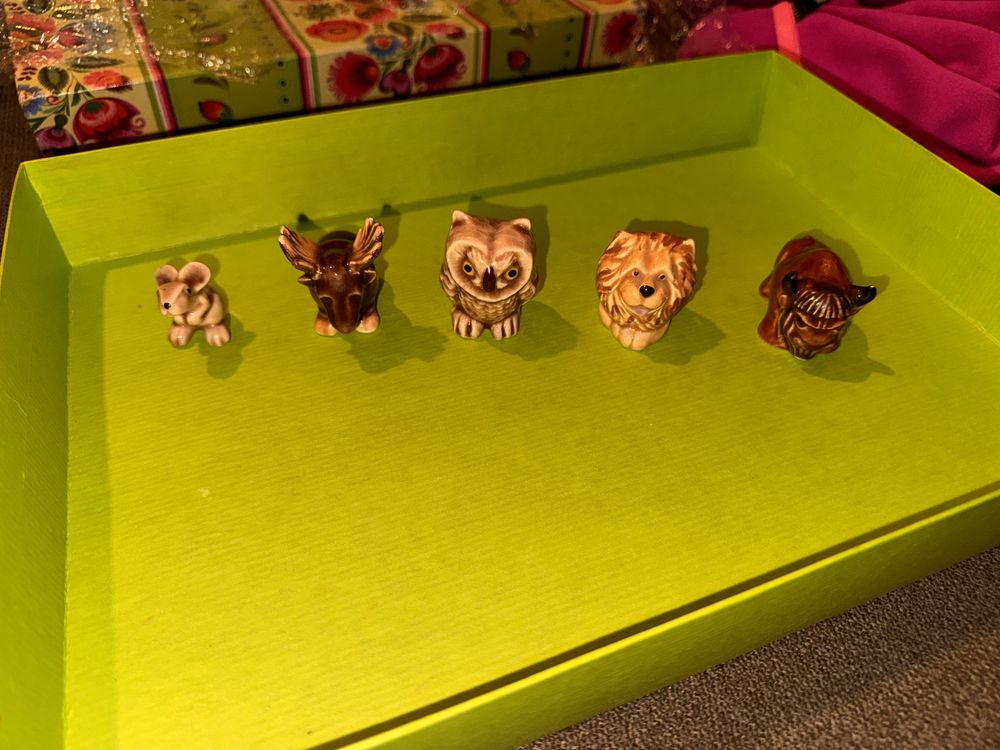 Prześliczne figurki porcelanowe 5 szt łoś, żubr, sowa, lew, mysz