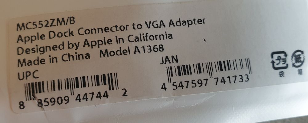 Dock Connectior to VGA Adapter Apple Oryginał