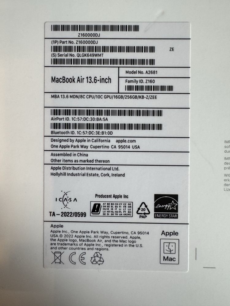 Apple MacBook Air A2681 8C CPU/10C GPU/16GB/256GB