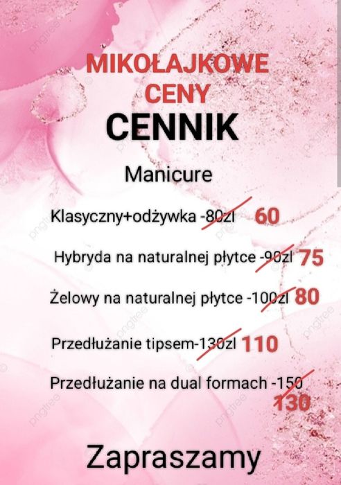 Manicure Klasyczny,  hybrydowy, Żelowy, Przedłużanie