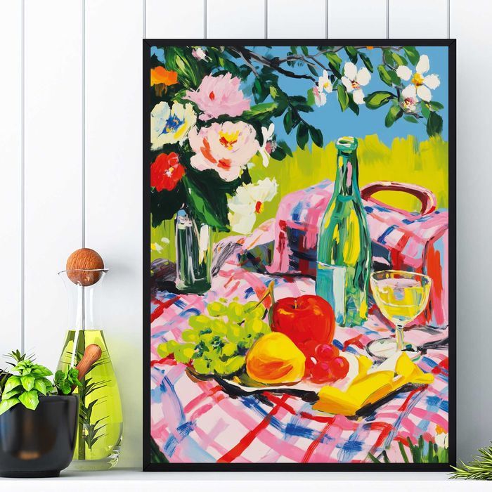 kolorowy abstrakcyjny plakat śniadanie na łonie natury w lato