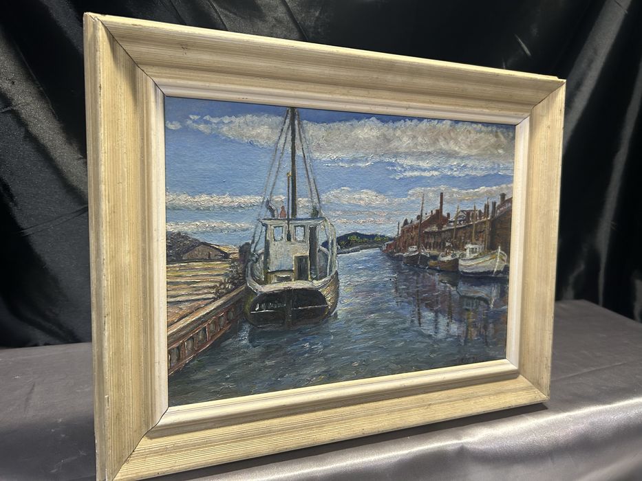 Obraz – Łódź w porcie – olej na desce