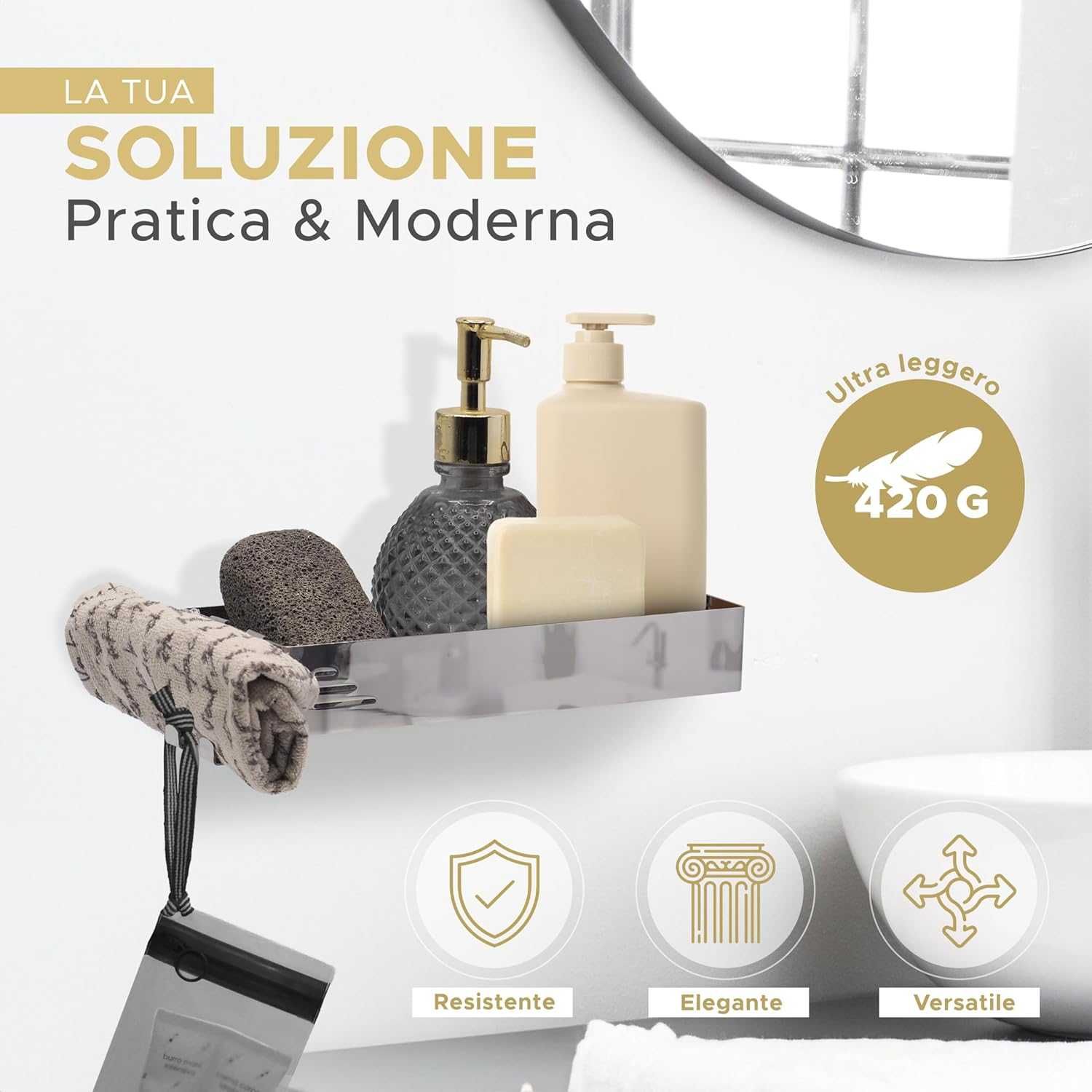 Półka łazienkowa prysznicowa z haczykami metalowa nierdzewna 10x24cm