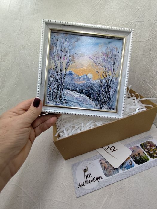 Новорічний декор, картина "Зимовий пейзаж" 17х17см, в рамці, олія.