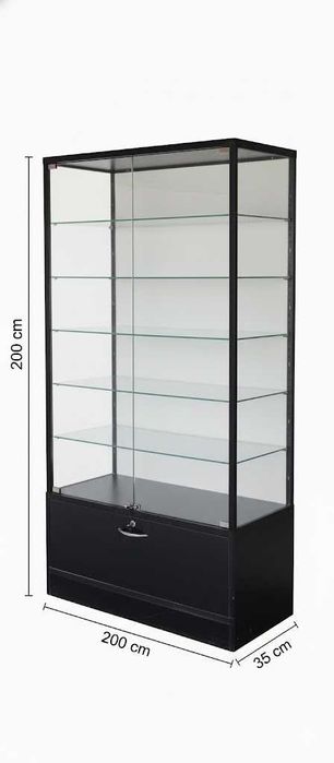 Witryny szklane z podświetleniem i szufladą, zamykane na zamek