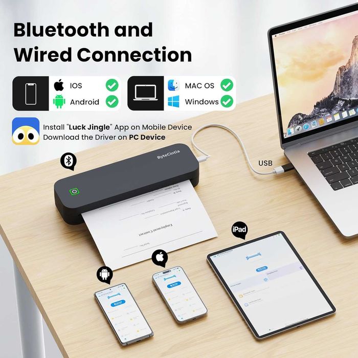 ByteCintia Przenośna drukarka do podróży, drukarka termiczna Bluetooth