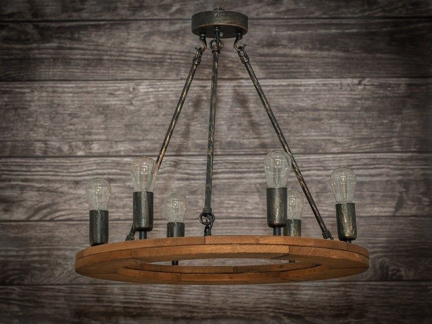 Żyrandol Rustykalny Koło 50cm lampa drewniana fazowana