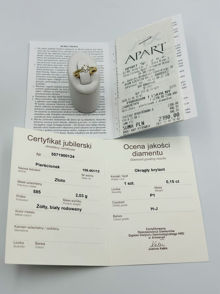 Pierścionek Złoty z Brylantem 0.15ct 585/14k 2.03g roz13 Certyfikat
