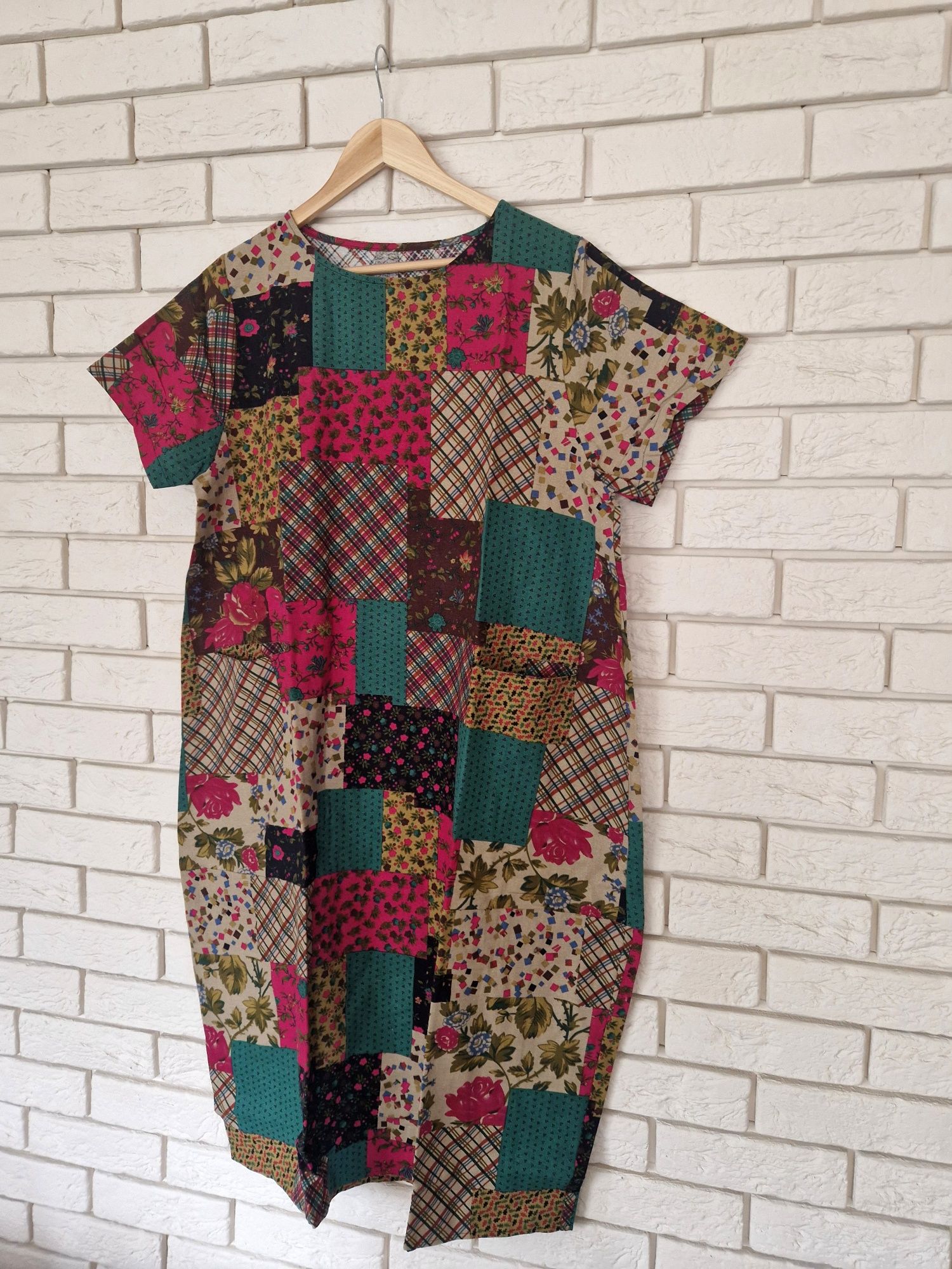 Lniana sukienka patchworkowa z kieszeniami 42 XL 100% len plus size