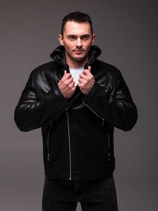 Куртка мужская кожаная зимняя на меху косуха байкерская до -10°С Ra