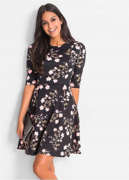 B.P.C sukienka czarna w kolorowe kwiaty rozkloszowana ^46