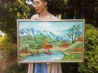 Obraz STRUKTURALNY malowany i wyklejany "Góry architektura drewniana"