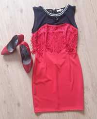 Elegancka czerwona sukienka z frędzlami na wesele/ komunia