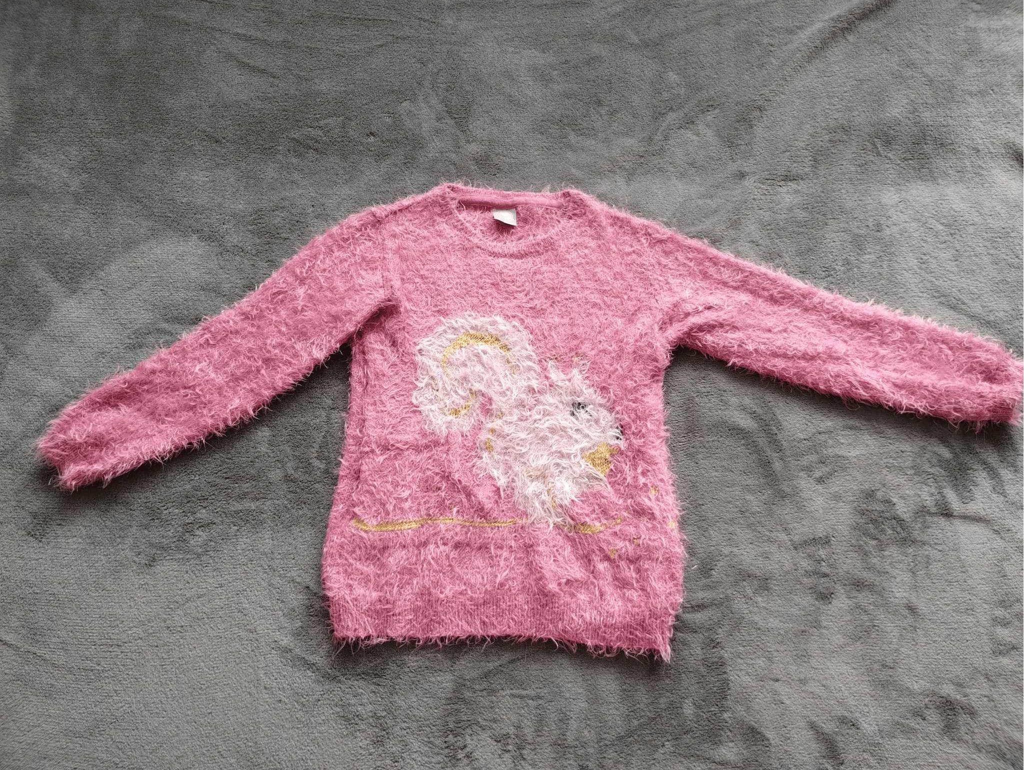 Różowy, włochaty sweter z długim rękawem, little kids, roz. 128 cm