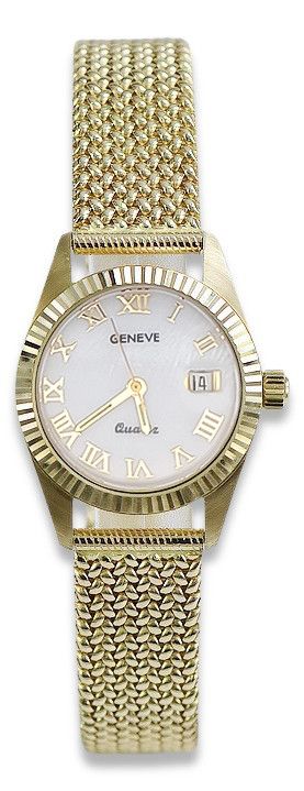 Złoty zegarek damski 14k Geneve z perłową tarczą lw020ydpr&lbw003y Wr