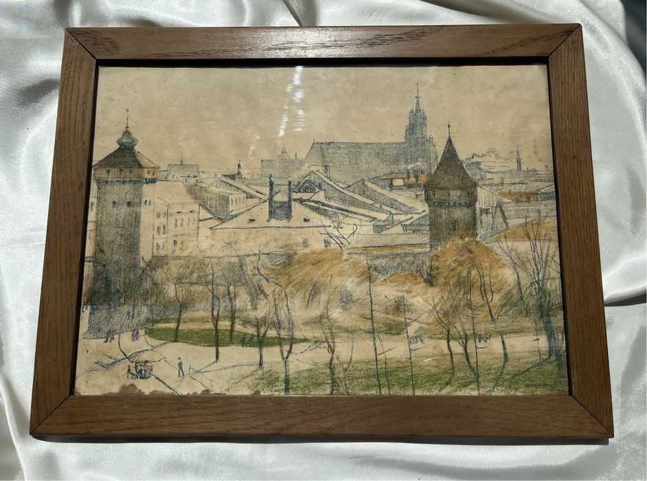 Grafika obraz w ramie za szybą Stanisław Podgórski Mury Krakowa