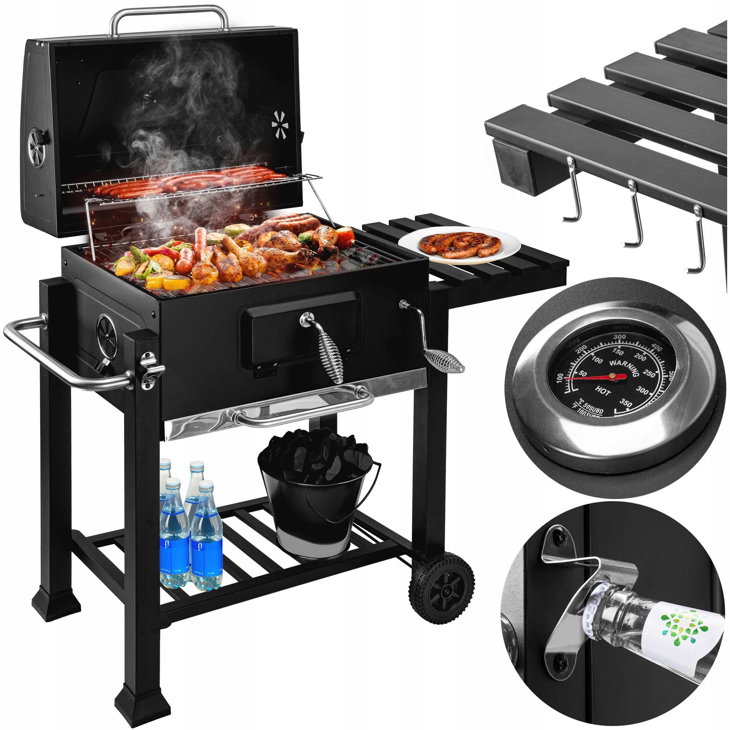 GRILL OGRODOWY z Pokrywą Półką Termometrem Na Kołach Duży XL