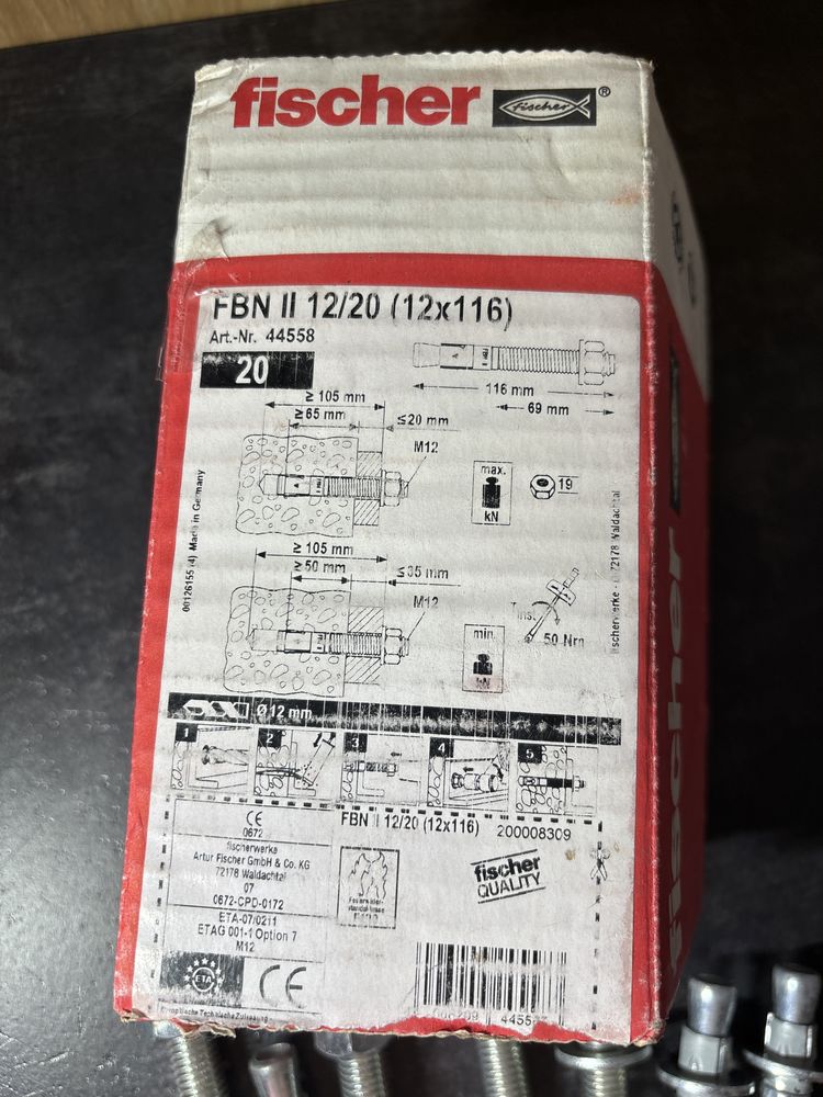 24 szt Kotwa sworzniowa ocynk fischer 12/20  12 x 116 mm