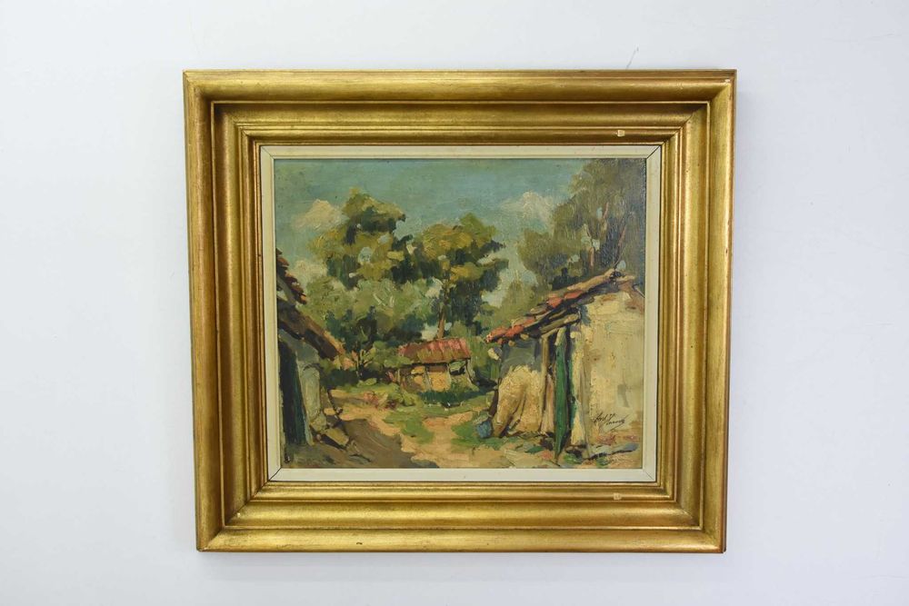 Óleo sobre madeira “Paisagem com casario”, assinado Ant. Saúde