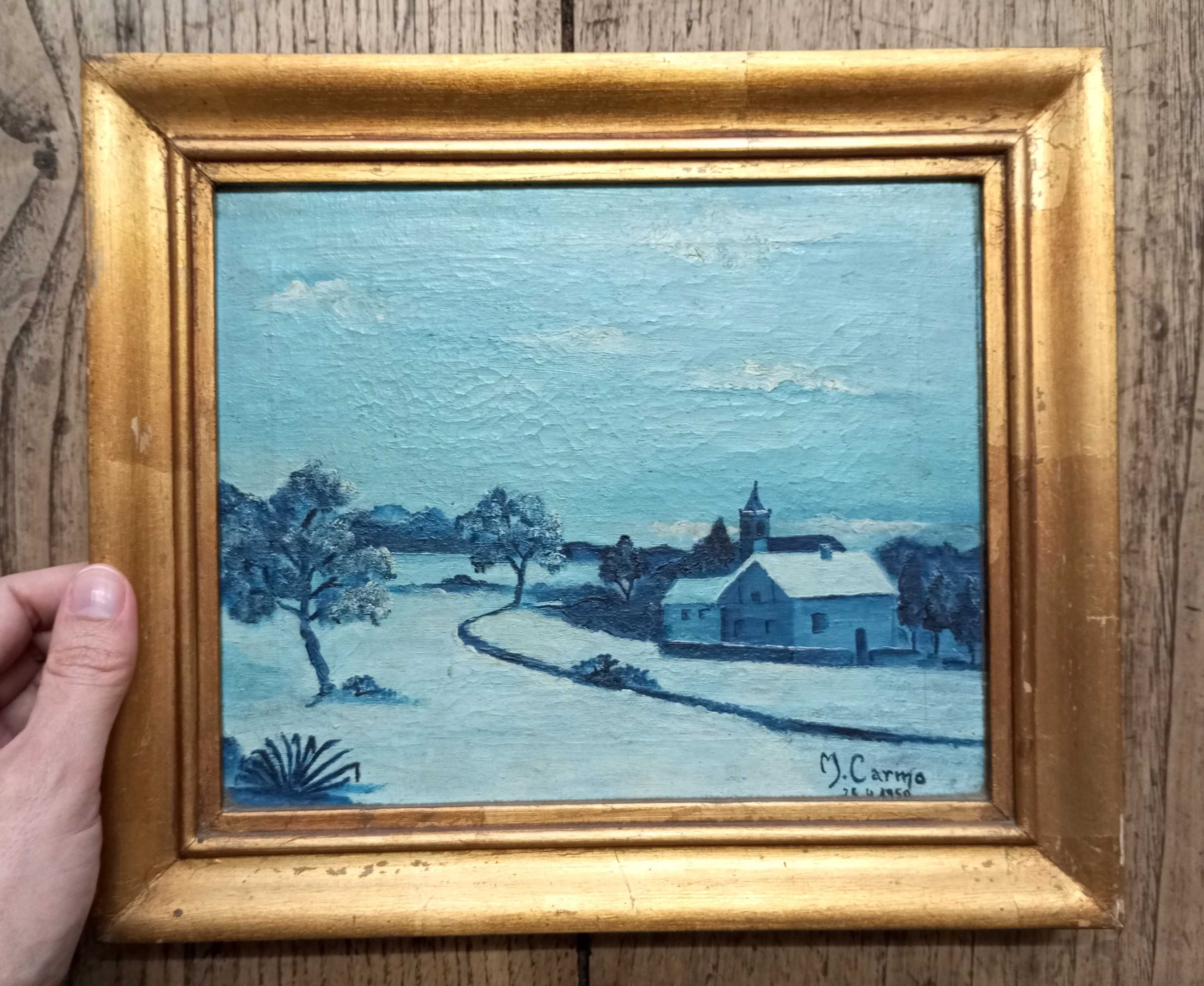 Quadro a óleo Paisagem com casas 1950 assinado