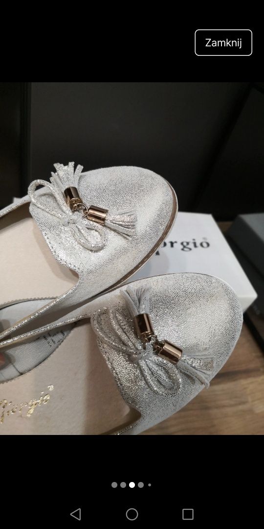 Skórzane buty damskie Alexio Giorgio srebrne espadryle baleriny