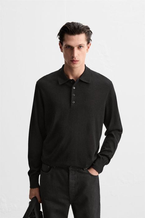 POLO by ZARA (M) 100% cotton Black поло кофта легая лонгслив с воротни
