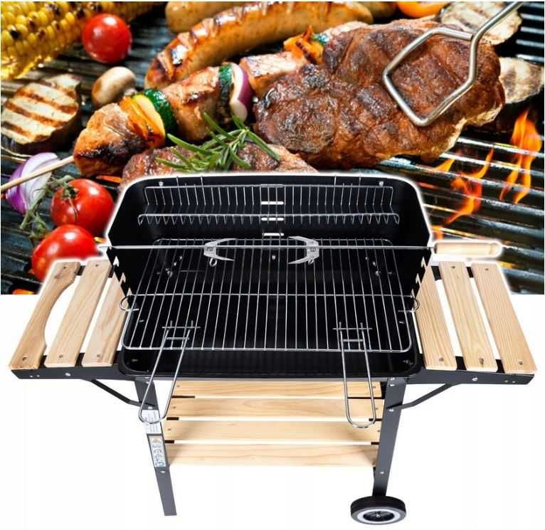 DUŻY GRILL ogrodowy Węglowy na kołach Rożen 3x PÓŁKI Grill PREMIUM SET