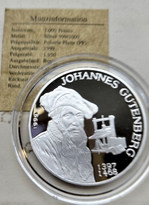 Benin 1000 Franków 1999 r J. Gutenberg srebro 999