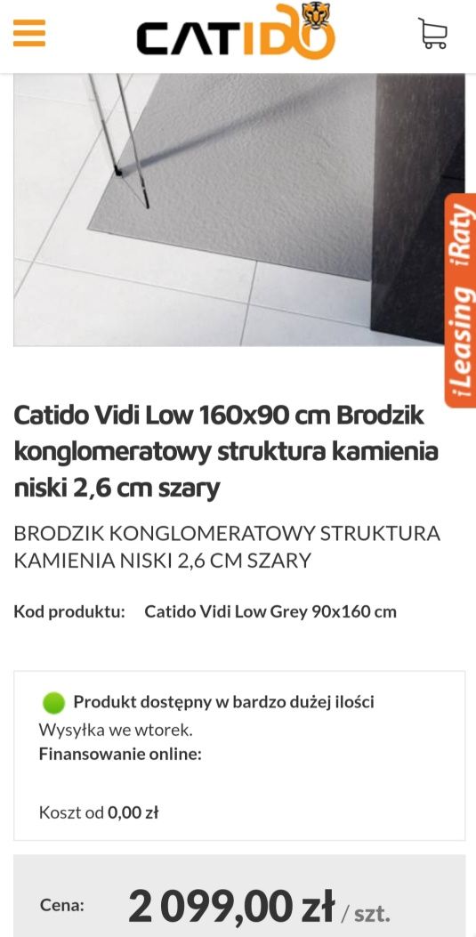 Brodzik prostokątny Konglomerat 160/90/2.6 szary NOWY